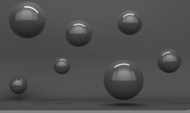 Black abstract background with flying shiny spheres. 3d rendering