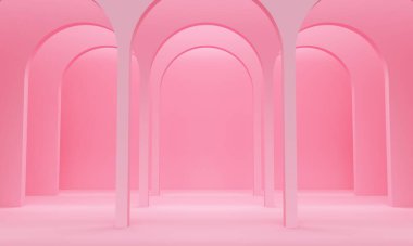 Pembe soyut arkaplan, bir sıra kemer ve üst ışık. Ürün tanıtımı için fon tasarımı. 3d oluşturma