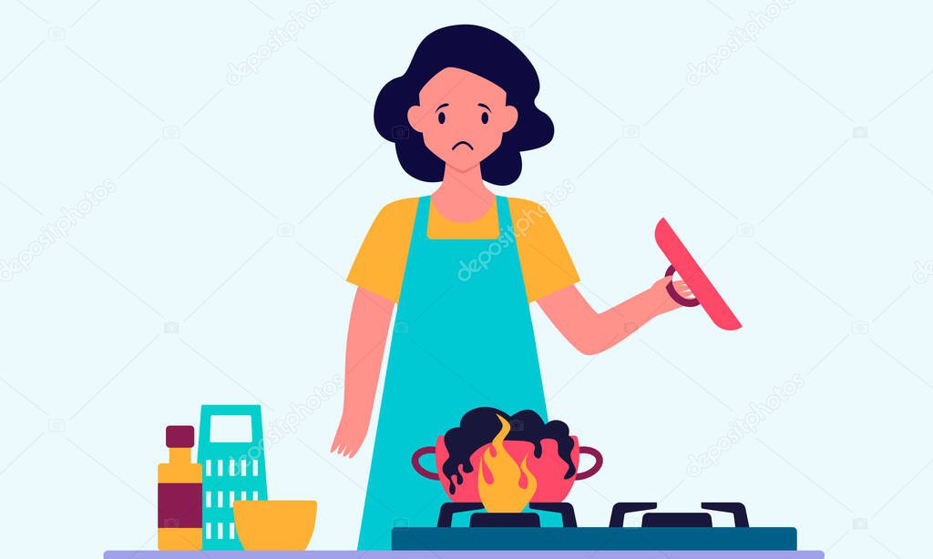 Sad woman ruined the food that she cooked at home. Flat design. Vector illustration