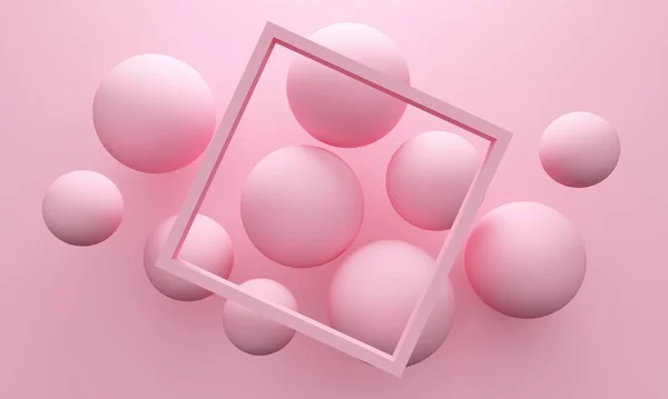 그림자가 꼭대기 공들은 분홍빛 사각형 모양으로 다닙니다 렌더링 — 스톡 사진