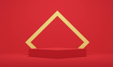 Kırmızı odada altın çerçeveli kare platform. Ürün tanıtımı için minimalist fon tasarımı. 3d oluşturma