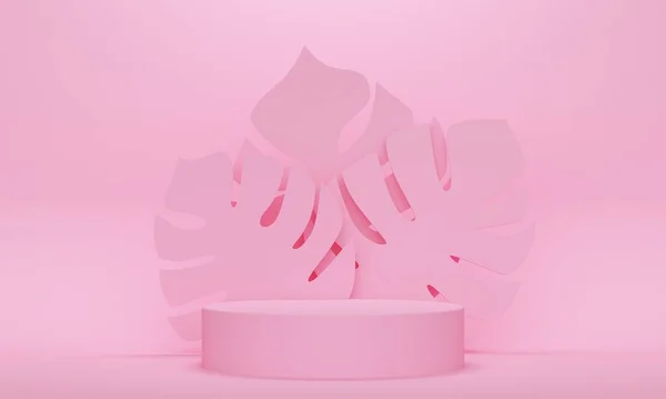 Κυλινδρικό Βάθρο Τροπικά Φύλλα Ροζ Φόντο Σχεδιασμός Backdrop Για Την — Φωτογραφία Αρχείου
