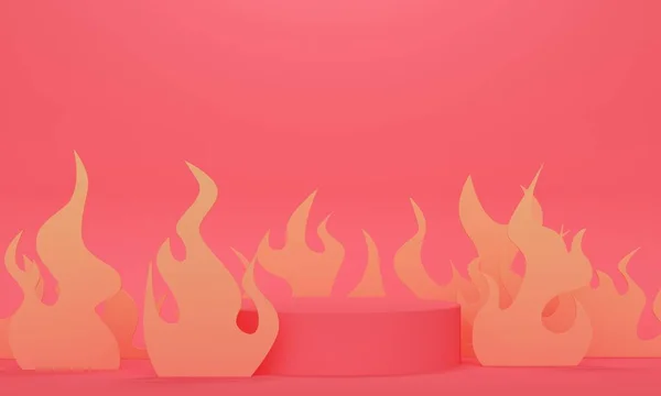 Циліндричний Подіум Вогнем Червоному Тлі Дизайн Тла Просування Продуктів Візуалізація — стокове фото