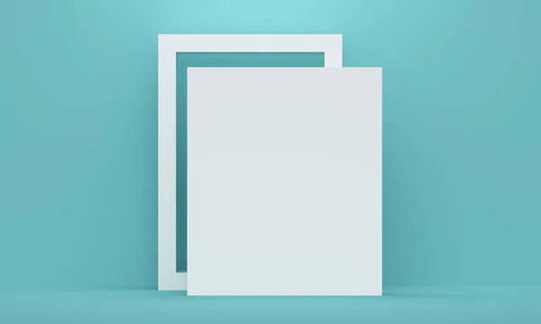 Zilverkleurig frame en wit papier op een blauwe achtergrond. 3d destructie — Stockfoto