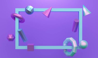 Leylak arka planında uçan geometrik şekilli metal çerçeve. 3d oluşturma