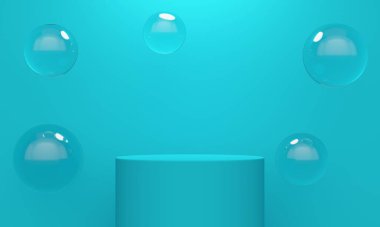 Mavi arka planda silindirik podyum ve cam toplar. 3d oluşturma