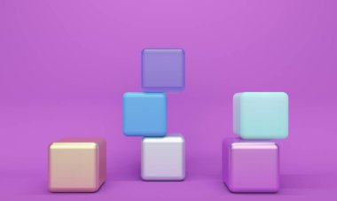 Cam, metal ve plastik küplü soyut eflatun arkaplan. 3d oluşturma