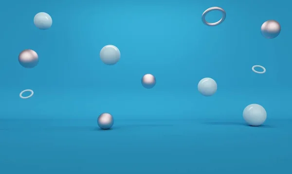 Fond abstrait bleu avec sphères en plastique volantes et anneaux argentés. Rendu 3d — Photo