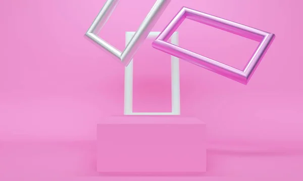 Τετράγωνο Βάθρο Και Ιπτάμενο Μεταλλικό Πλαίσιο Ροζ Φόντο Minimalist Σχεδιασμός — Φωτογραφία Αρχείου