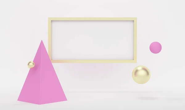 Arany keret egy fehér falon és egy rózsaszín piramis. 3D-s renderelés — Stock Fotó
