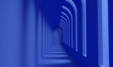 Pencerelerden gelen ışıkla dolu mavi koridor. 3d oluşturma