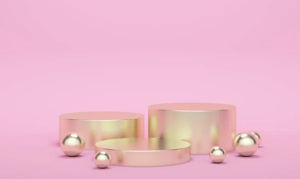 Golden different height podium on a pink background and a ball on the floor. 3d rendering — Stock Photo, Image
