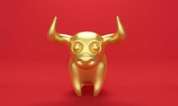 Goldener Stier mit großen Hörnern auf rotem Hintergrund. 3D-Darstellung — Stockfoto