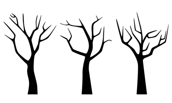 Zestaw czarna sylwetka nagich drzew zimowych izolowanych na białym tle. Ilustracja wektora — Wektor stockowy