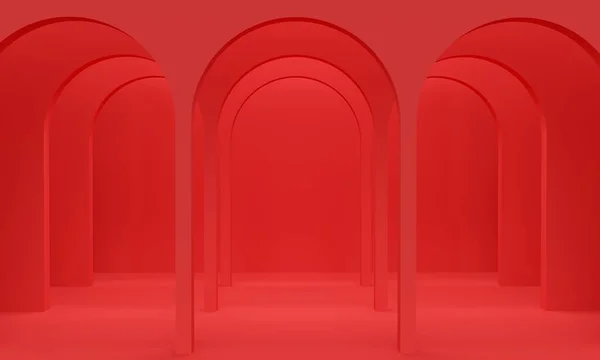 Fondo abstracto rojo con una fila de arcos y luz superior. renderizado 3d — Foto de Stock