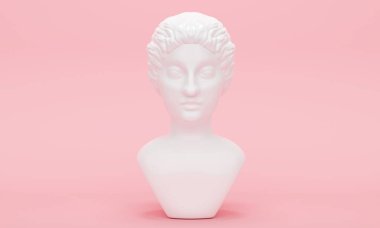 Pembe arka planda beyaz, antik bir kadın kafası heykeli. Ön manzara. Moda konsepti. 3d oluşturma