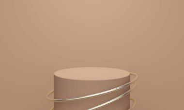 Kahverengi zemininde altın halkalar olan silindirik bir podyum. Ürün tanıtımı için fon tasarımı. 3d oluşturma