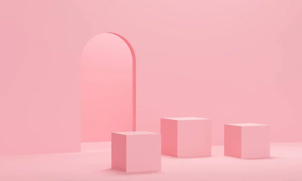 Giriş kemeri ve küp kürsüsü olan pembe soyut arka plan. Ürün tanıtımı için fon tasarımı. 3d oluşturma