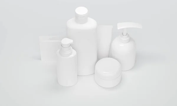 Mock Bottles Cosmetics White Background Top View Rendering — Stock Photo, Image