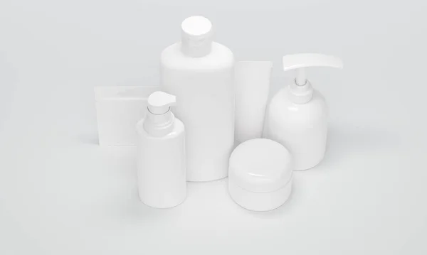 Preencha Garrafas Cosméticos Fundo Branco Vista Superior Renderização — Fotografia de Stock