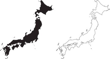 Japon vektör ülke haritası siyah siluet beyaz zemin üzerinde izole. Japonya Haritası. Siyah siluet ülke haritası beyaz arka planda izole edildi. Beyaz arka planda siyah bir taslak. Vektör dosyası EPS