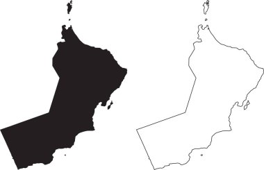 Umman Haritası. Siyah siluet ülke haritası beyaz arka planda izole edildi. Beyaz arka planda siyah bir taslak. Vektör dosyası