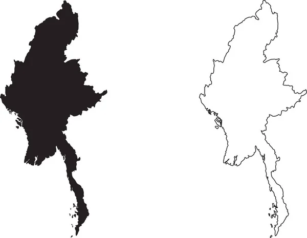 Myanmarská Mapa Černá Silueta Země Mapa Izolované Bílém Pozadí Černý — Stockový vektor