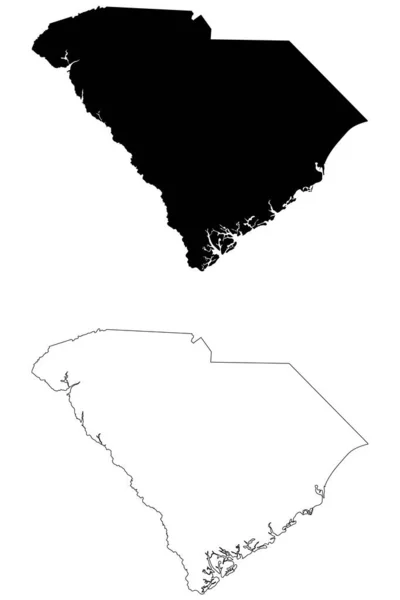 South Carolina State Map Ηπα Μαύρη Σιλουέτα Και Περίγραμμα Μεμονωμένων — Διανυσματικό Αρχείο