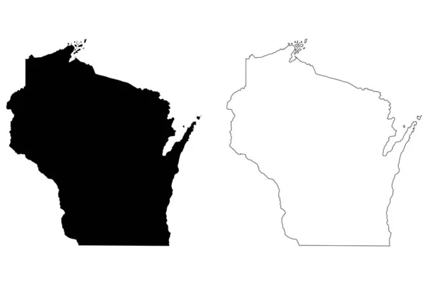 Wisconsin State Map Usa Schwarze Silhouette Und Umrissene Landkarten Auf — Stockvektor