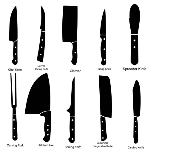 Набор Кухонных Ножей Пиктограмма Иконы Нож Шеф Повара Изогнутый Паринг — стоковый вектор