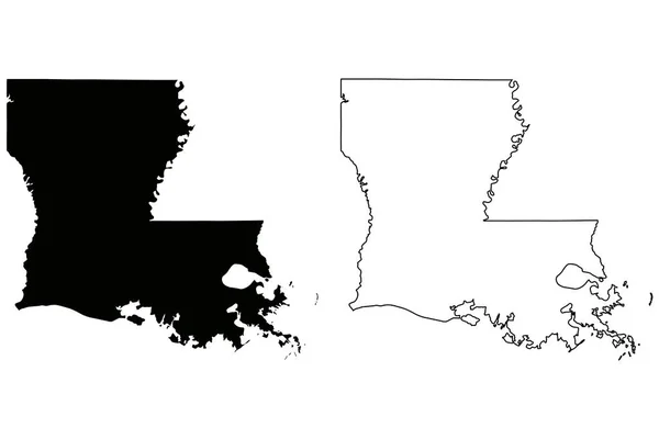 Louisiana Delstatskartor Svart Siluett Och Kontur Isolerad Vit Bakgrund Eps — Stock vektor