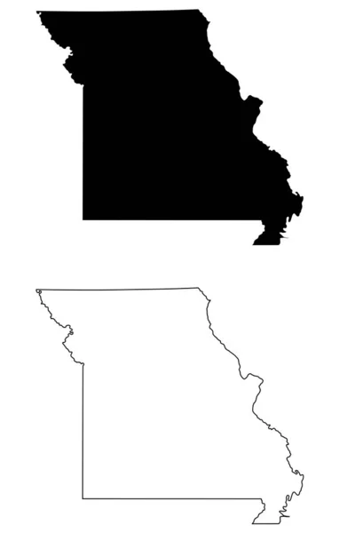 Missouri State Maps Schwarze Silhouette Und Umrisse Isoliert Auf Weißem — Stockvektor