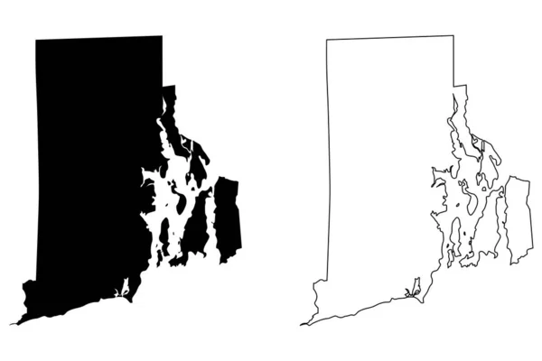 Rhode Island State Maps Black Silhouette Outline Isolated White Background — Stock Vector