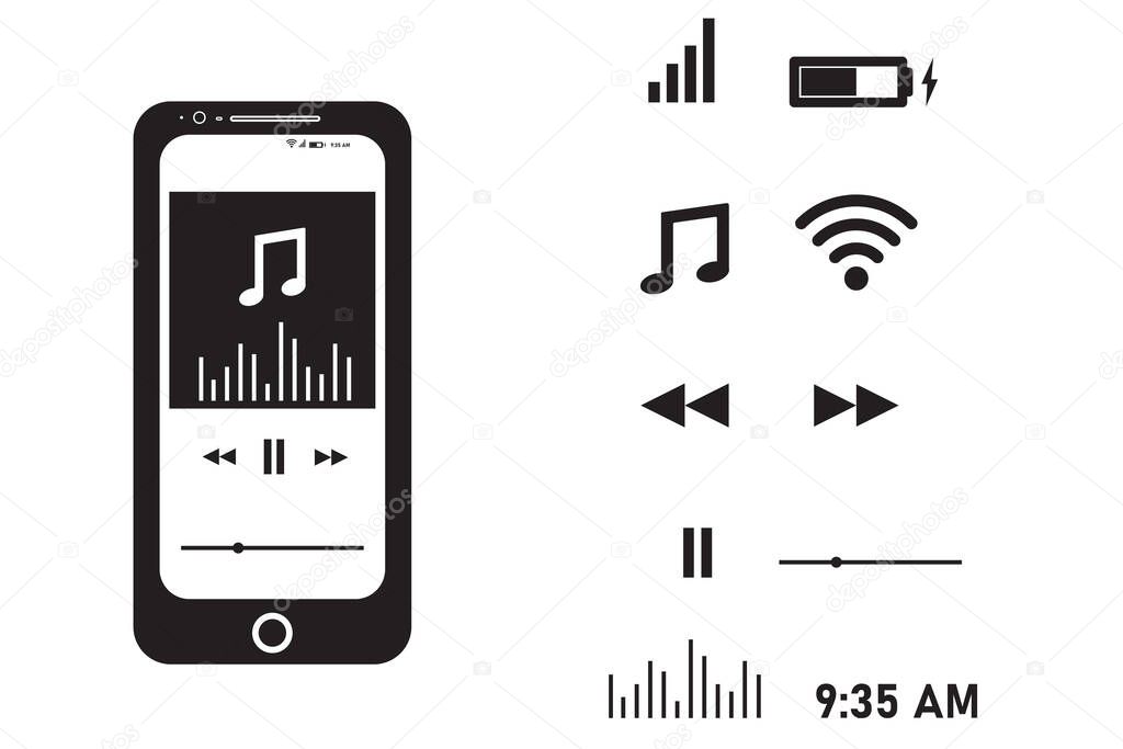 Smartphone Music Player. A set of icons within a music player. Icons of volume time battery life wifi signal forward backward pause and volume.