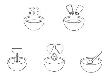 Bowl Kitchen Taslak Seti. Çeşitli kâselerde sıcak çorba, tuz biberi karışımı çırpılmış yumurta çırpma ve karıştırma karışımı tasvir ediliyor. Genişletilmiş siyah beyaz EPS Vektörü