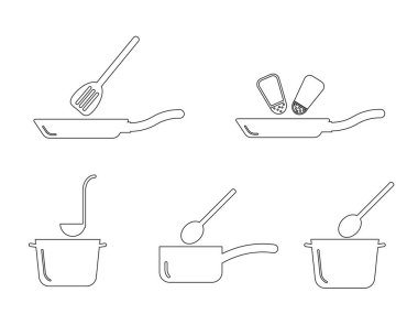 Mutfak Mutfağı Tencere Utensil Taslak Seti. Mutfakta bulunan tencere ve tavaları gösteriyor. Siyah ve beyaz EPS Vektörü