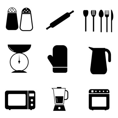 Mutfak Pictogram Simgesi Ayarlandı. Mutfak ikonu resimlerini tasvir eden bir dizi siyah beyaz resim. EPS Vektörü