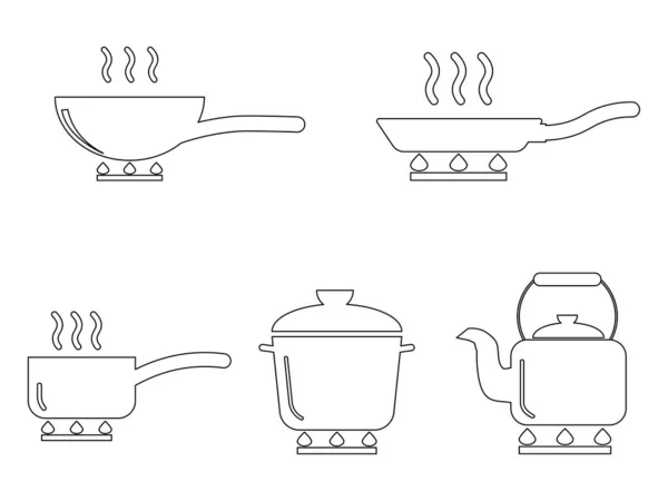 烹饪锅水壶纲要集 各种描绘炊具壶壶壶壶的轮廓图标 扩大的黑白Eps病媒 — 图库矢量图片