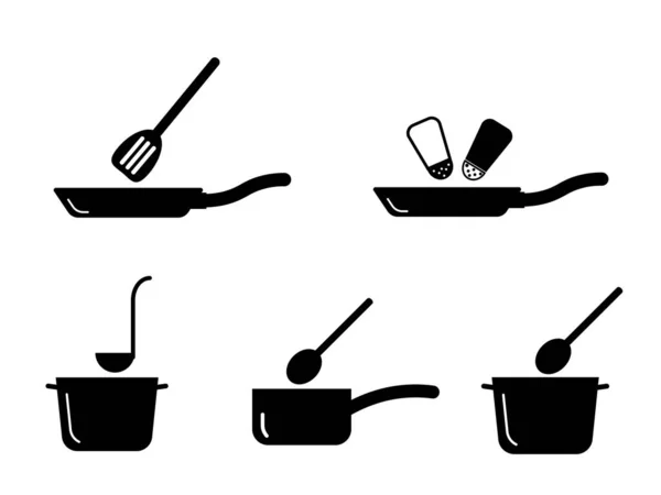 烹调厨房锅盘Utensil设置 描述厨房里发现的各种锅碗盘 黑白Eps病媒 — 图库矢量图片