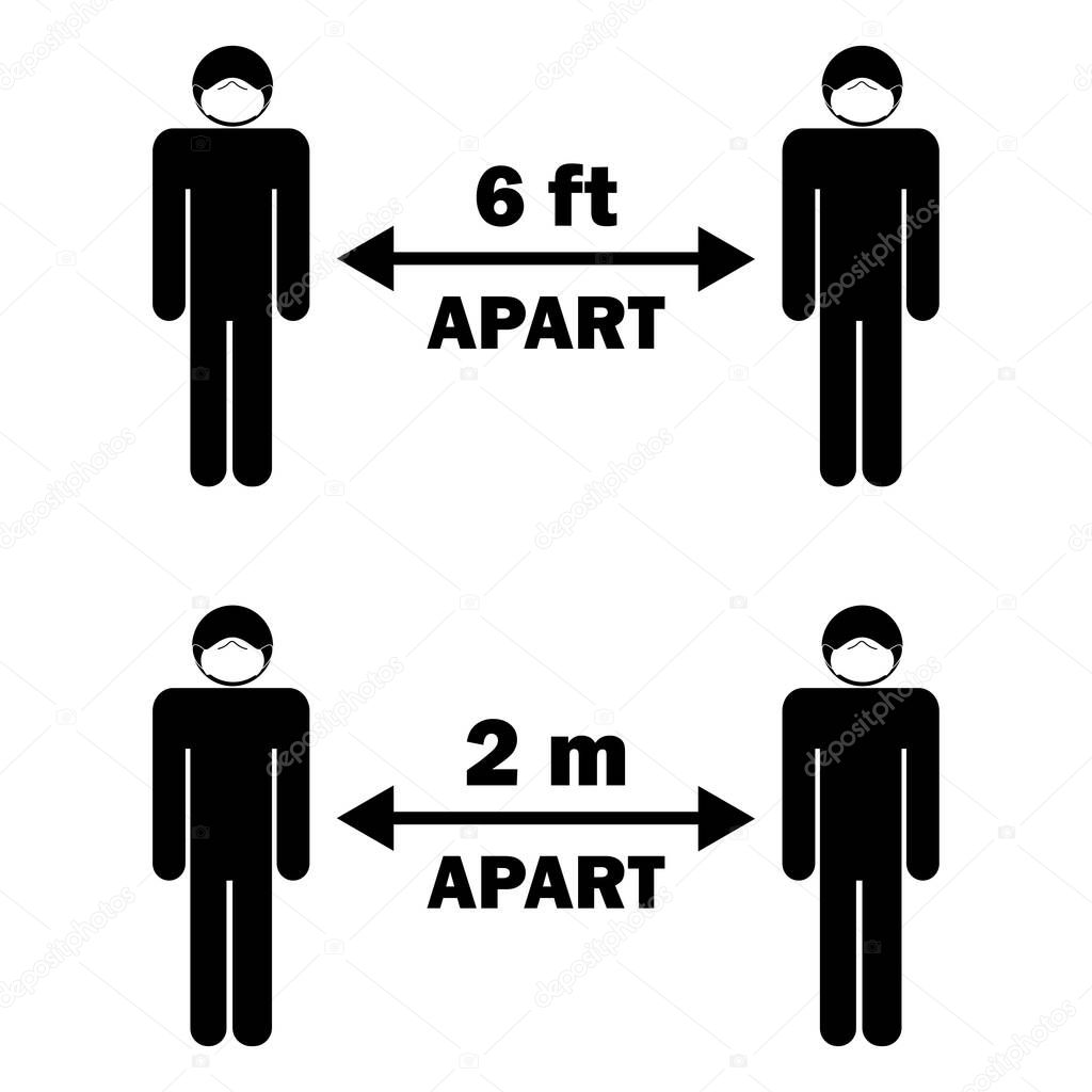 Social Distancing six 6 feet two 2 m apart. Stick figure with face mask. Black and white EPS Vector