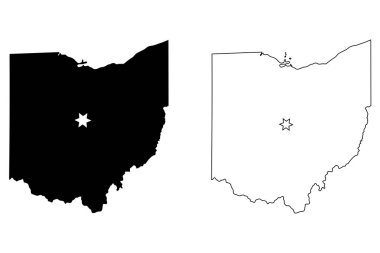 Ohio OH eyalet haritası, Columbus 'ta Capital City Star ile birlikte. Siyah siluet ve özet beyaz arka planda izole edilmiş. EPS Vektörü