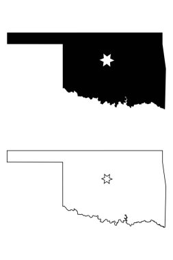 Oklahoma OK eyalet haritası Capital City Star ile Oklahoma City 'de. Siyah siluet ve özet beyaz arka planda izole edilmiş. EPS Vektörü
