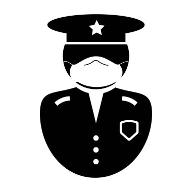 Polis memuru Icon. Yüz maskesi, şapkası ve rozeti olan üniformalı kolluk kuvvetleri memurunu tasvir eden siyah beyaz resimli resim. Covid-19 sırasındaki güvenlik personelini gösteren bir resim. EPS Vektörü