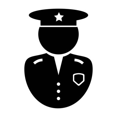 Polis memuru Icon. Siyah ve beyaz resimli resim, üniformalı bir polis memurunu şapka ve rozetle tasvir ediyor. EPS Vektörü