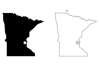 Minnesota MN eyalet haritası. Saint Paul 'de Capital City Star ile ABD haritası. Siyah siluet ve özet beyaz arka planda izole edilmiş. EPS Vektörü