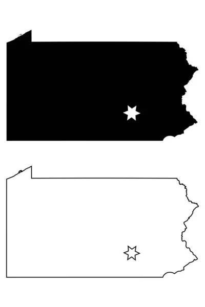 Pennsylvania State Map Usa Mit Capital City Star Harrisburg Schwarze — Stockvektor