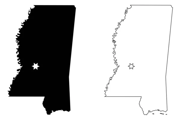 ミシシッピ州Ms州地図アメリカ ジャクソンのキャピタル シティ スターと 黒のシルエットと輪郭は白い背景に隔離されています Epsベクトル — ストックベクタ