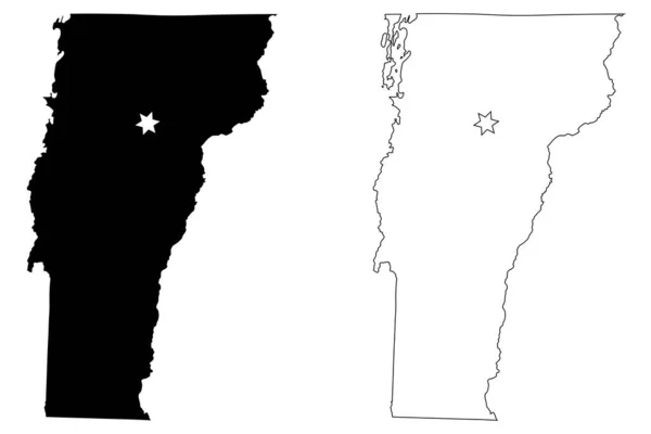 バーモント州Vt州地図アメリカ モンペリエのCapital City Starで 黒のシルエットと輪郭の白い背景に孤立したマップ Epsベクトル — ストックベクタ