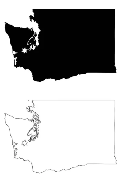 ワシントンWa州地図Usa Capital City Star Olympia 黒のシルエットと輪郭の白い背景に孤立したマップ Epsベクトル — ストックベクタ