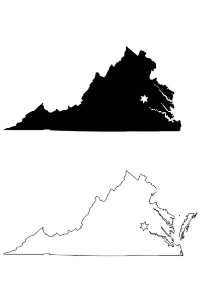 バージニア州Va州地図アメリカ リッチモンドのキャピタルシティ スターと共に 黒のシルエットと輪郭の白い背景に孤立したマップ Epsベクトル — ストックベクタ